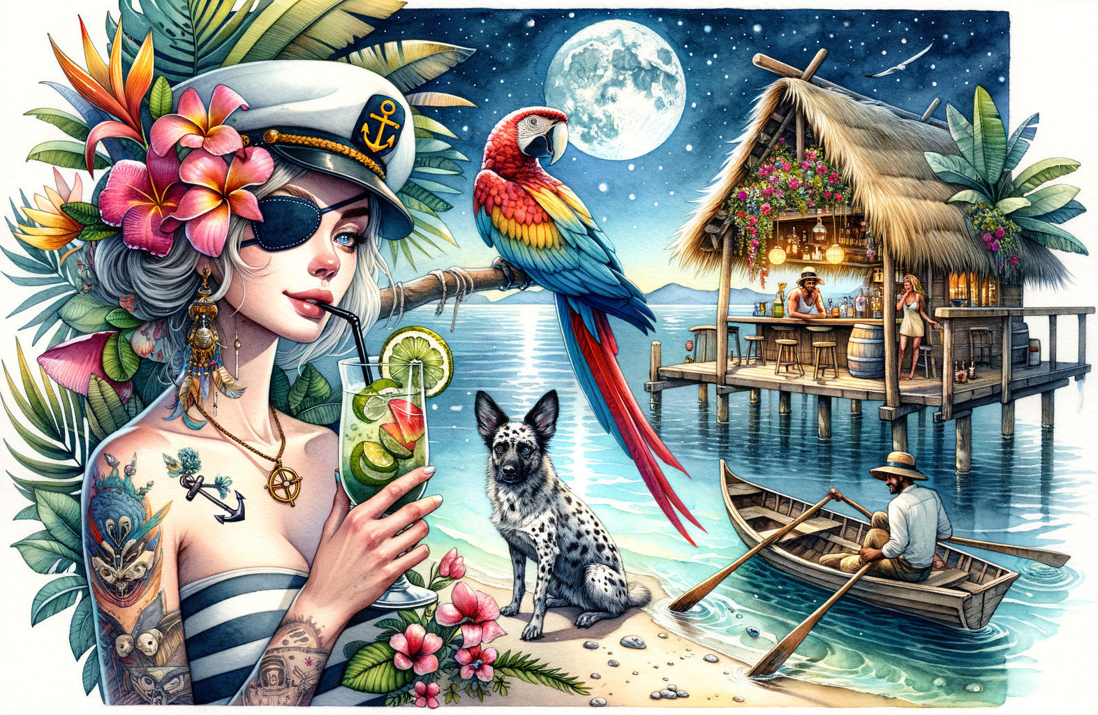 Tropical Beach Scene with Woman, Parrot, and Hut