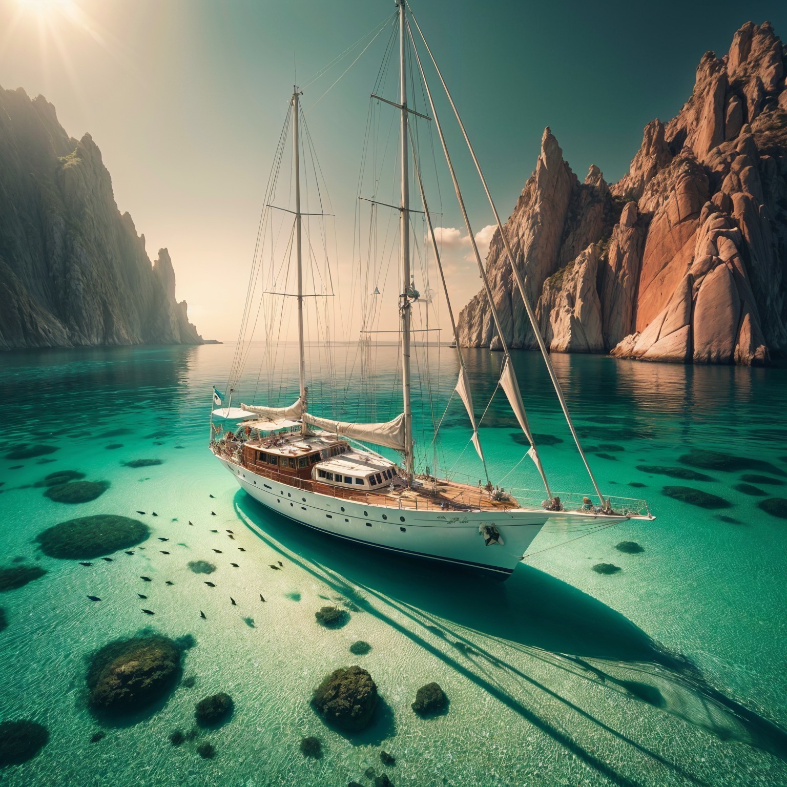 Sailing Yacht on Turquoise Waters with Rocky Cliffs