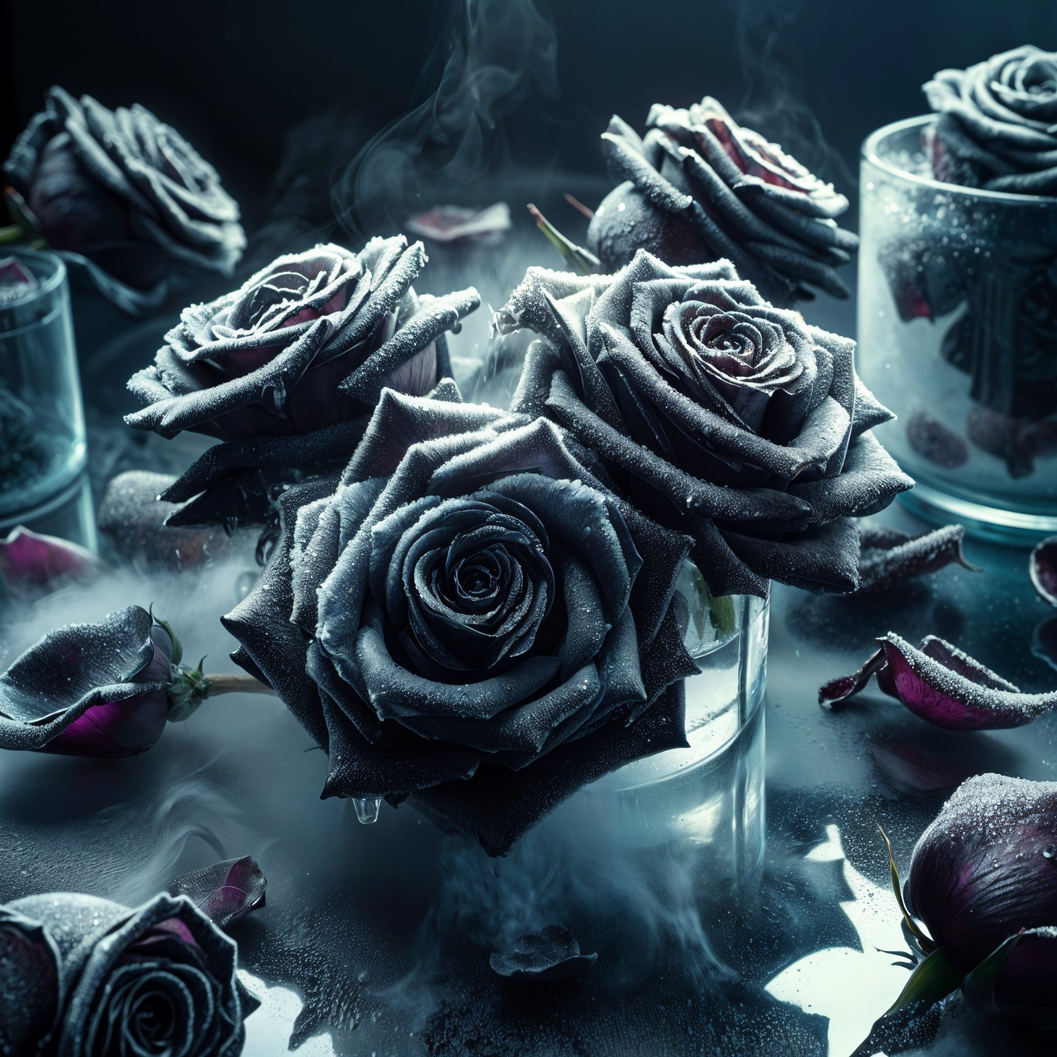 Black Roses in Glass Vases with Ethereal Mist