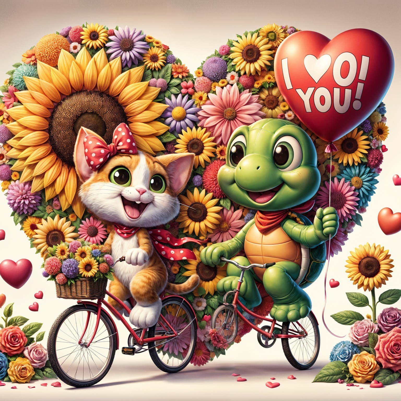 Cheerful Cat and Turtle Riding Bicycles Together