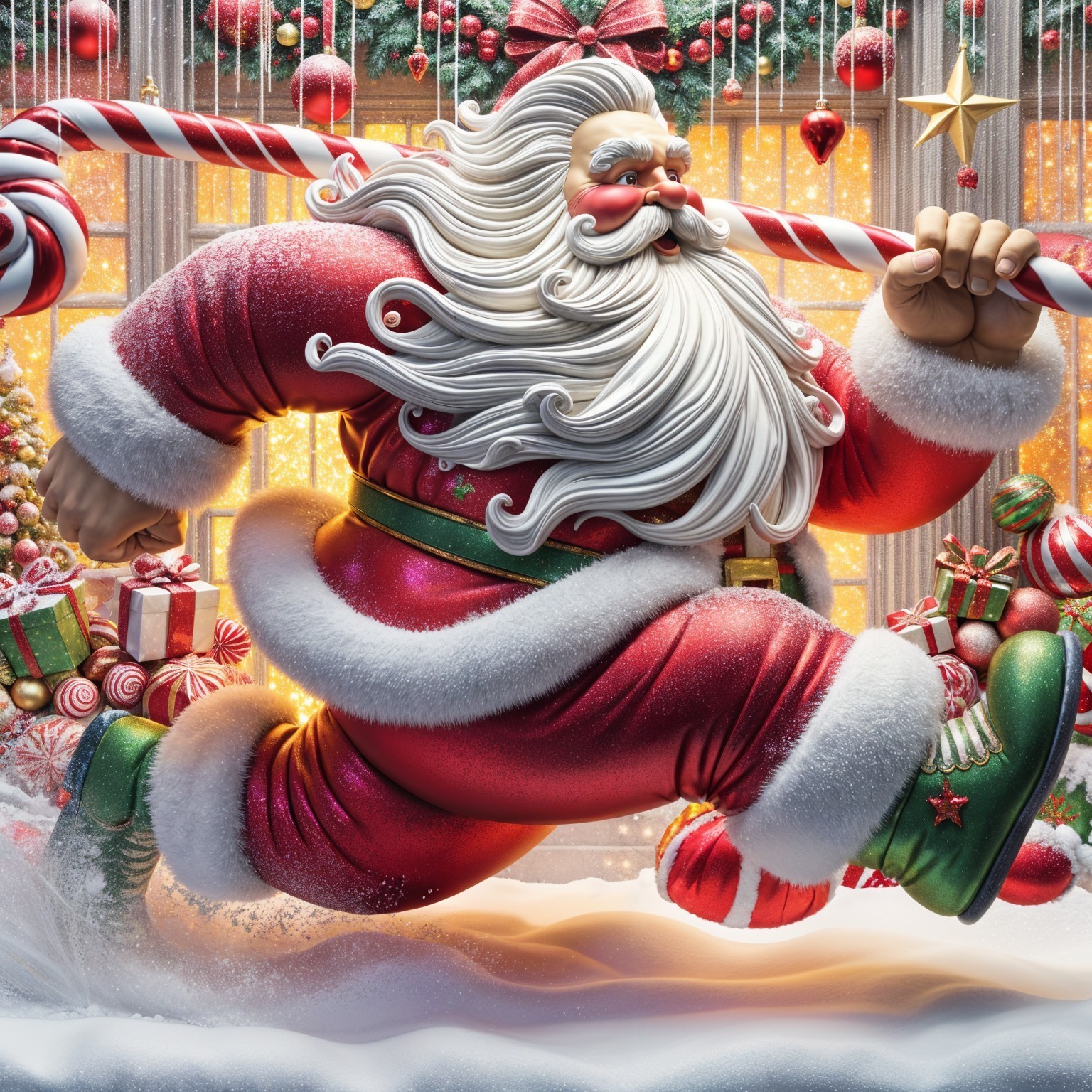 Cartoon Santa Claus Running with Candy Cane and Gifts