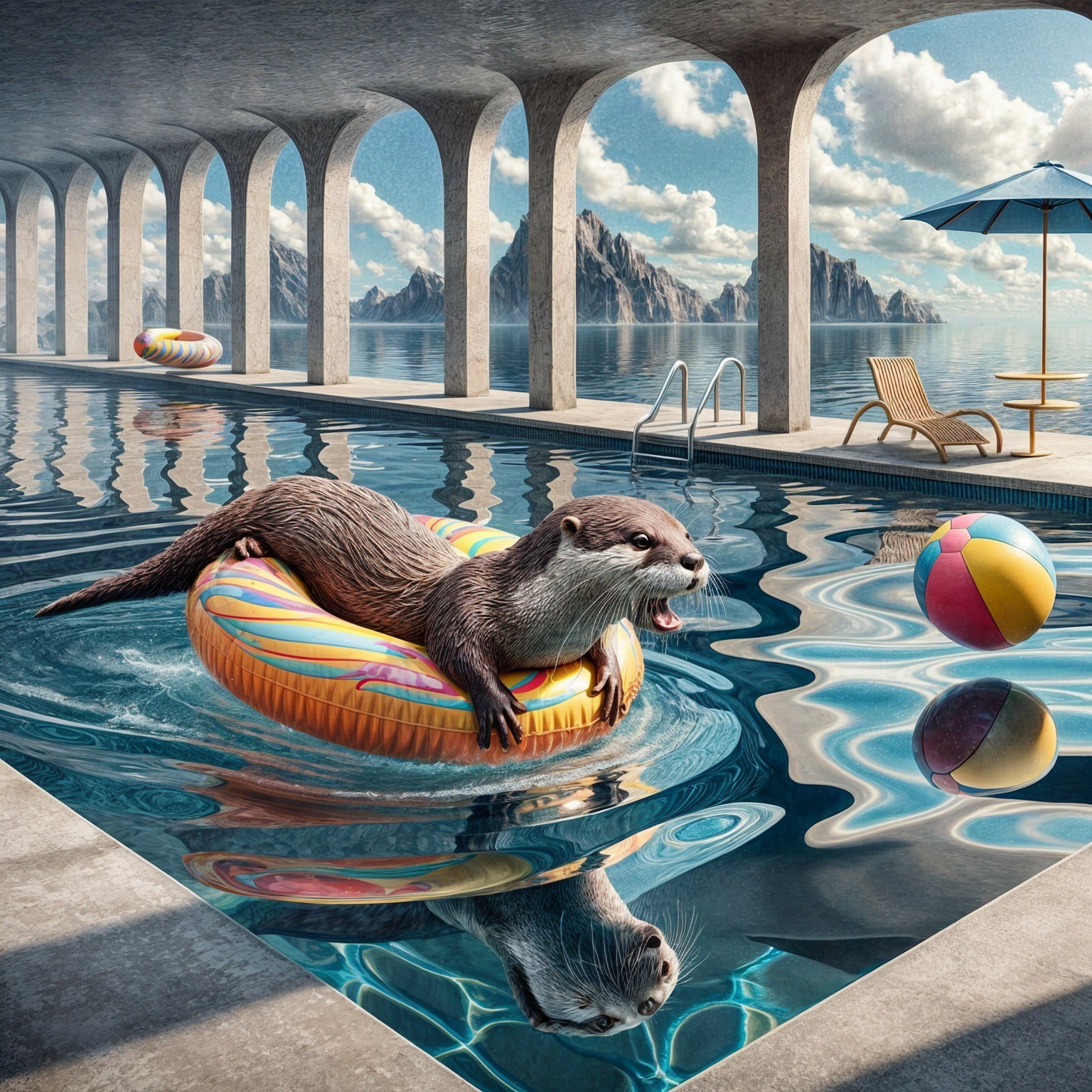 Otter Relaxing on Inflatable Ring in Surreal Pool