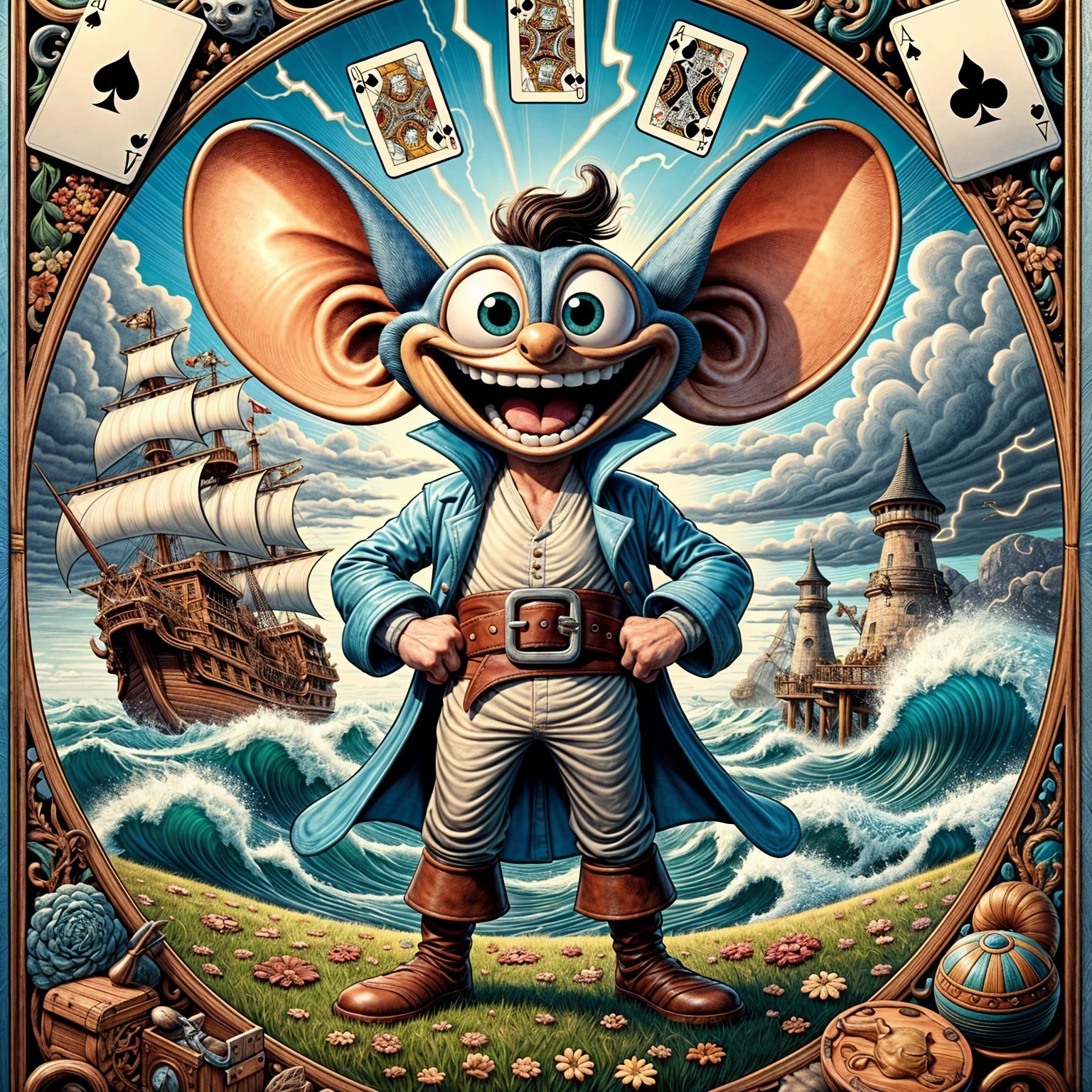 Whimsical Cartoon Character with Pirate Ship Background