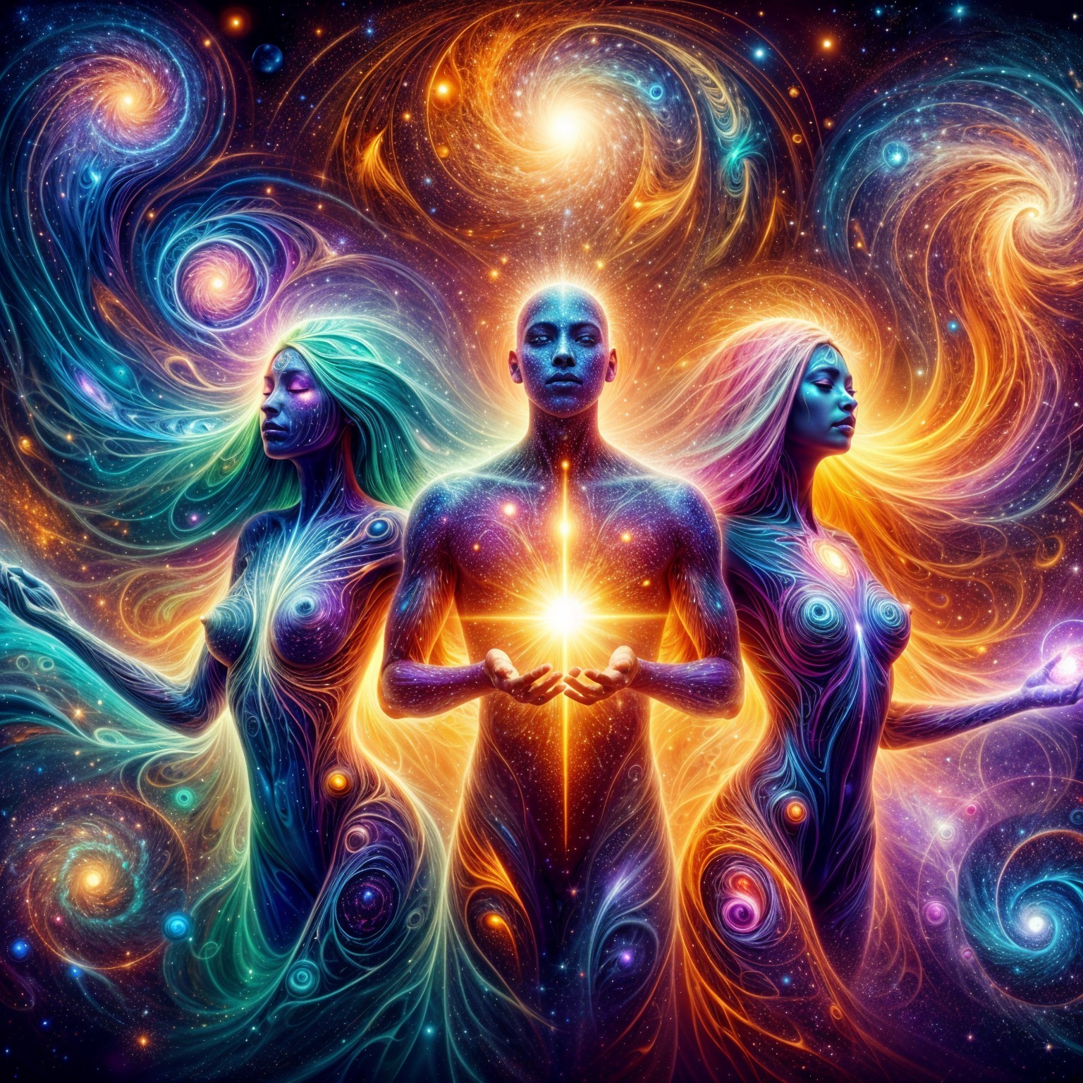 Vibrant Cosmic Scene with Ethereal Figures and Colors