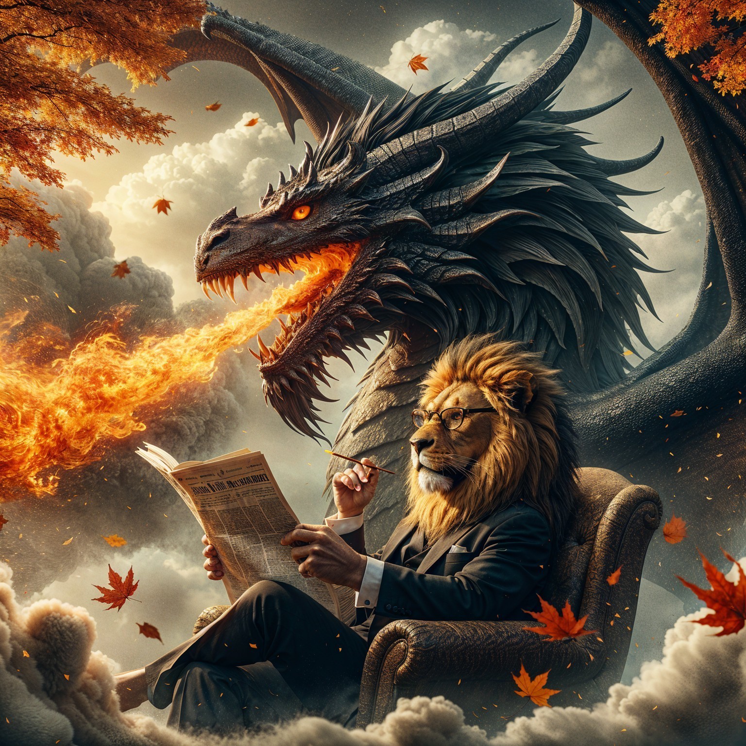 Lion in Suit Reading Newspaper with Dragon in Background