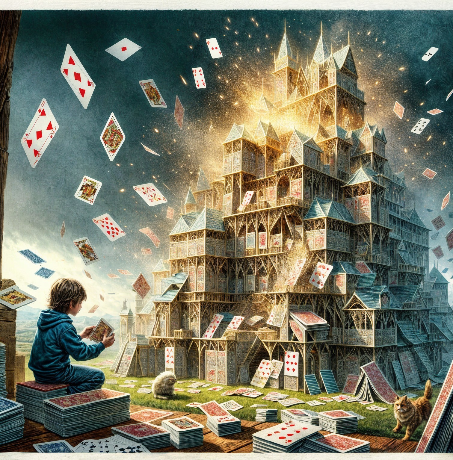 Child building a card tower in a whimsical landscape