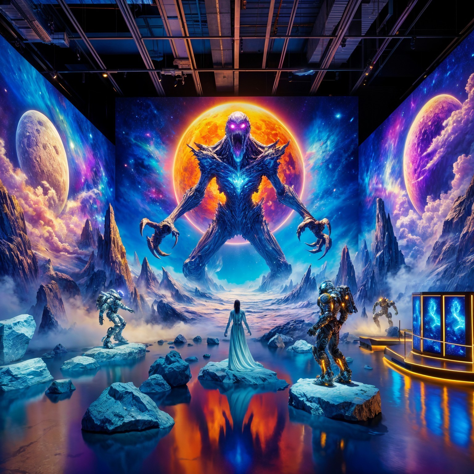Sci-fi Gallery with Cosmic Landscape and Sculptures