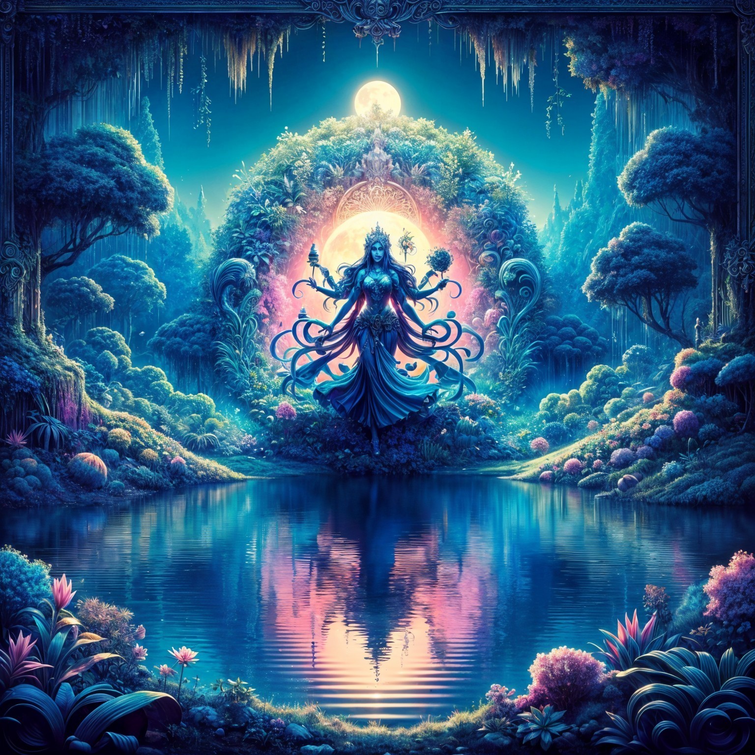 Enchanted Forest with Divine Figure and Serene Lake