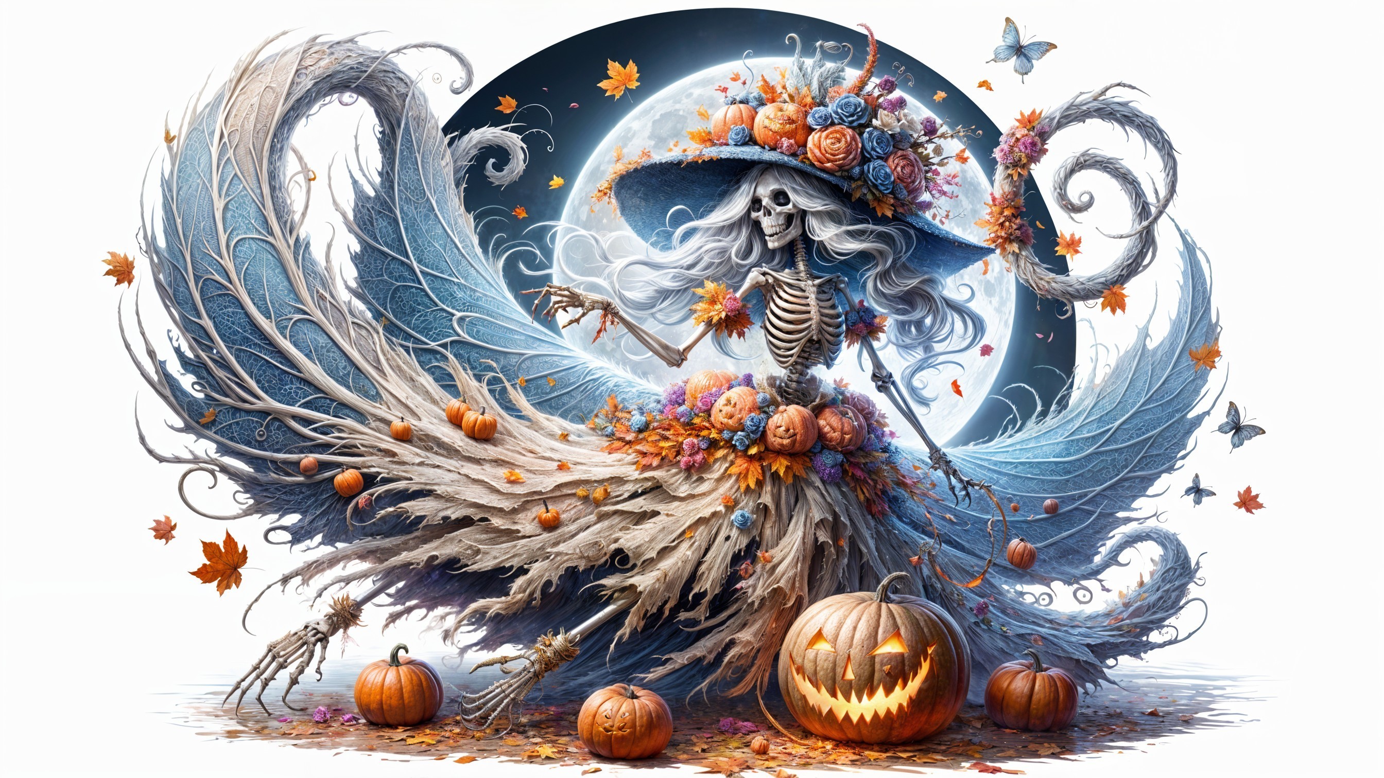 Whimsical Skeleton Figure in Autumn Scene with Moon