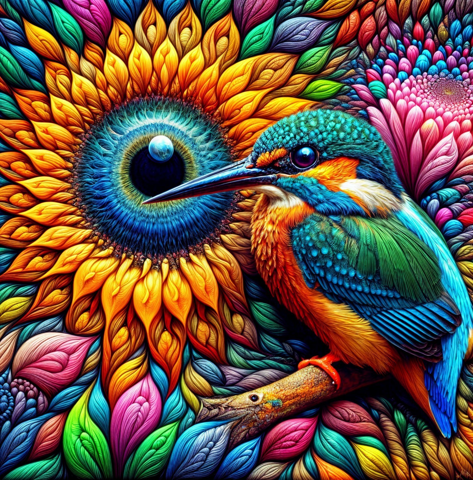 Vibrant Kingfisher Among Colorful Flowers and Patterns