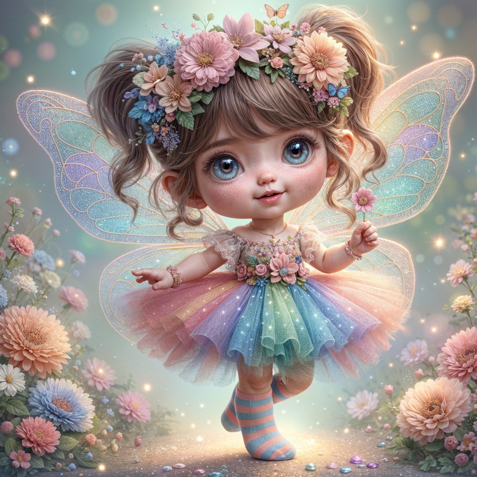 Whimsical Fairy Girl in Pastel Rainbow Tutu