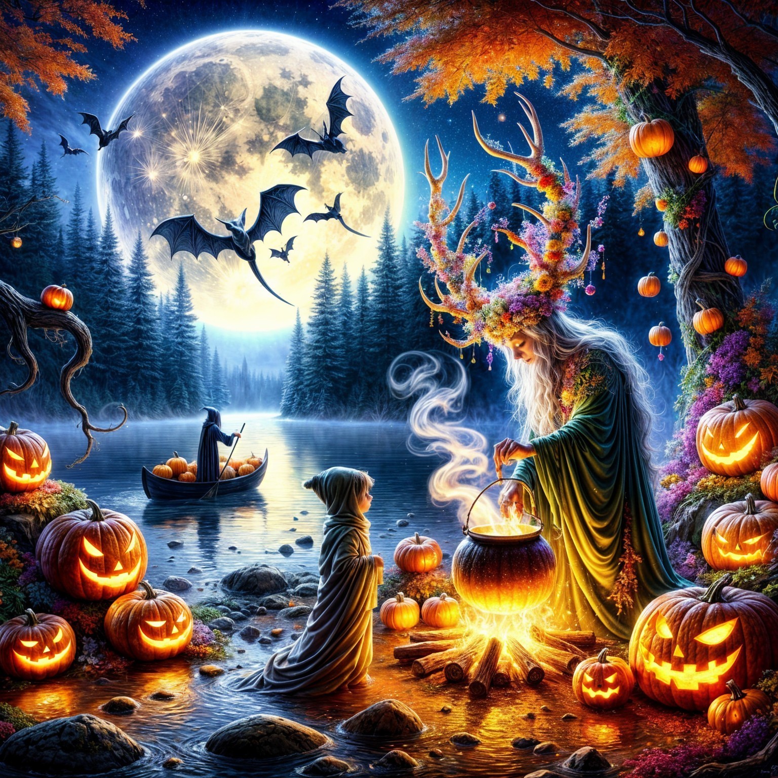 Mystical Scene with Antlered Figure and Cauldron