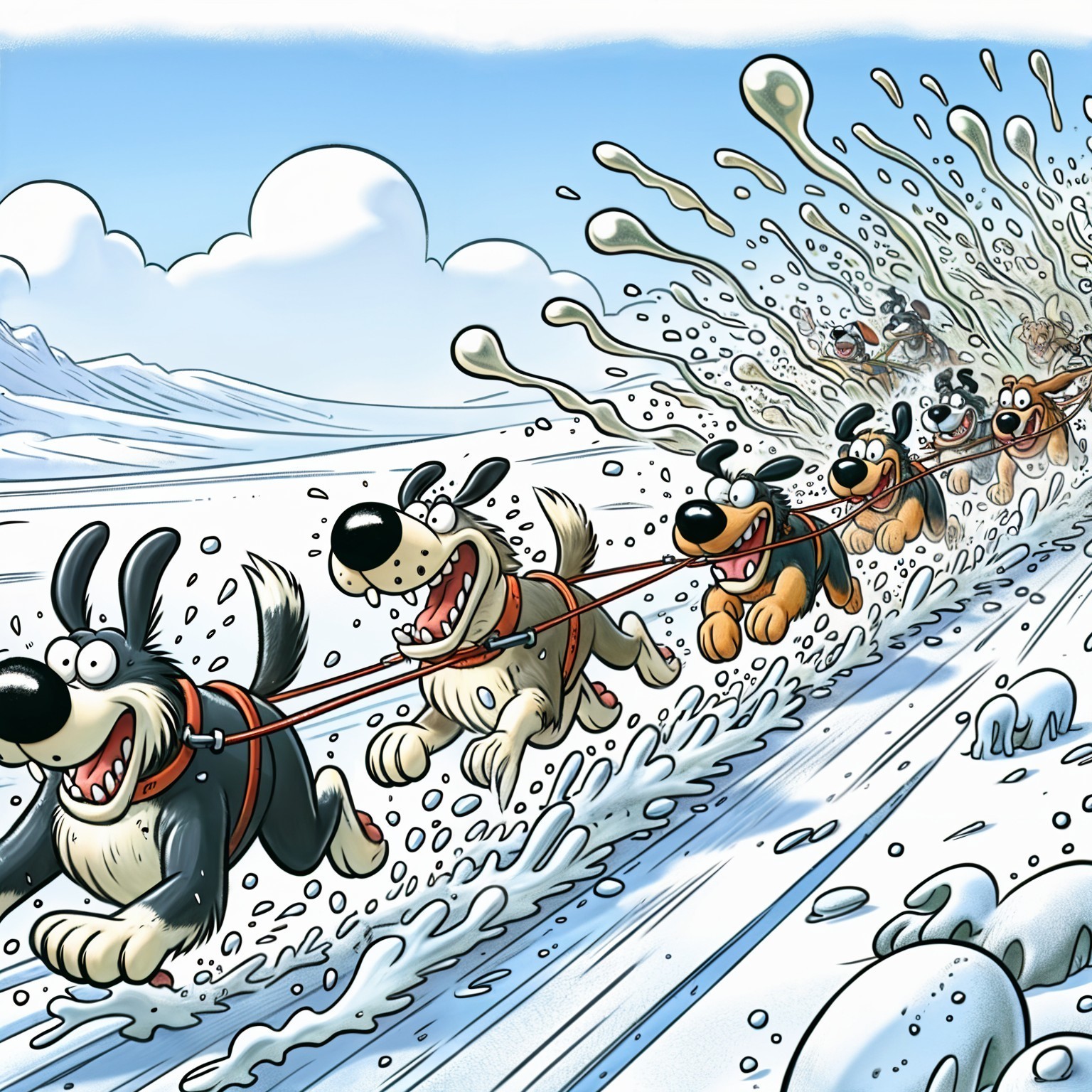 Animated dogs pulling a sled in a snowy landscape