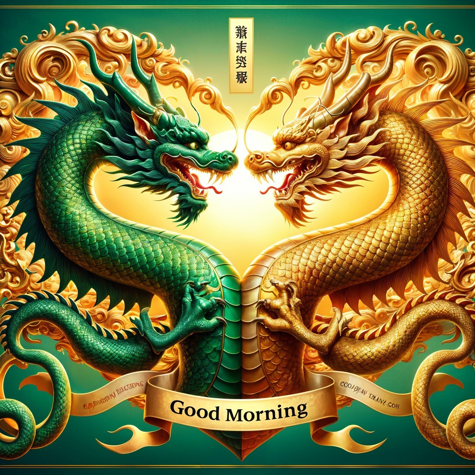 Artistic Dragons in Gold and Green with Positive Banner