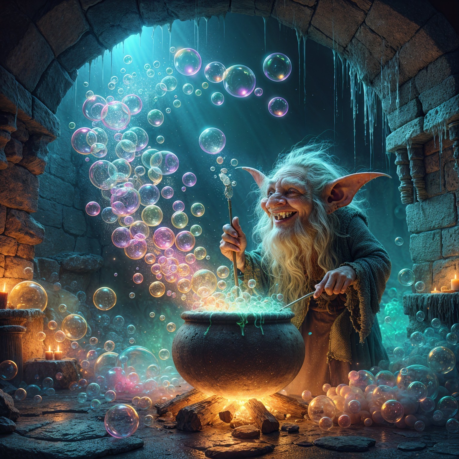 Whimsical Goblin in Enchanted Stone Dungeon Cauldron