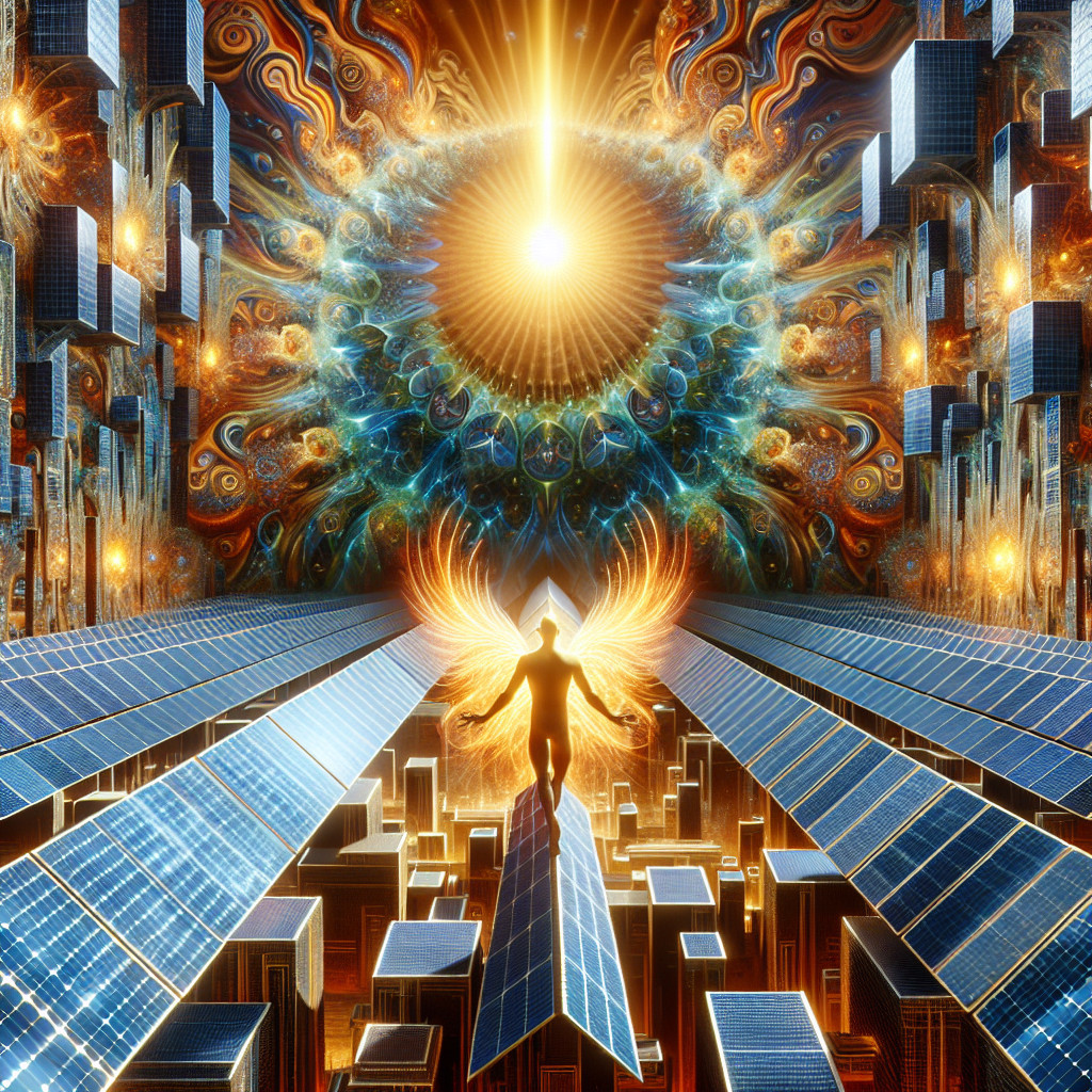 Surreal Landscape with Central Figure and Solar Panels