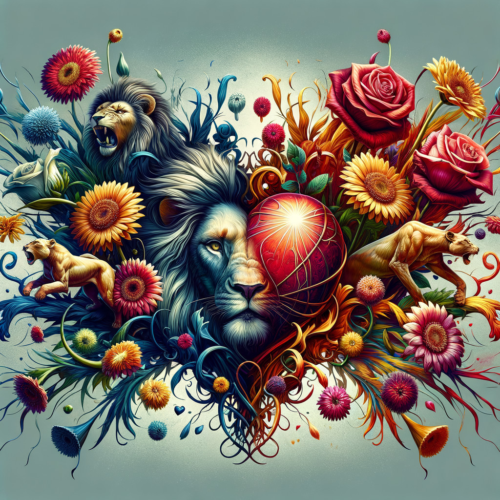 Majestic Lion Surrounded by Colorful Flowers and Patterns