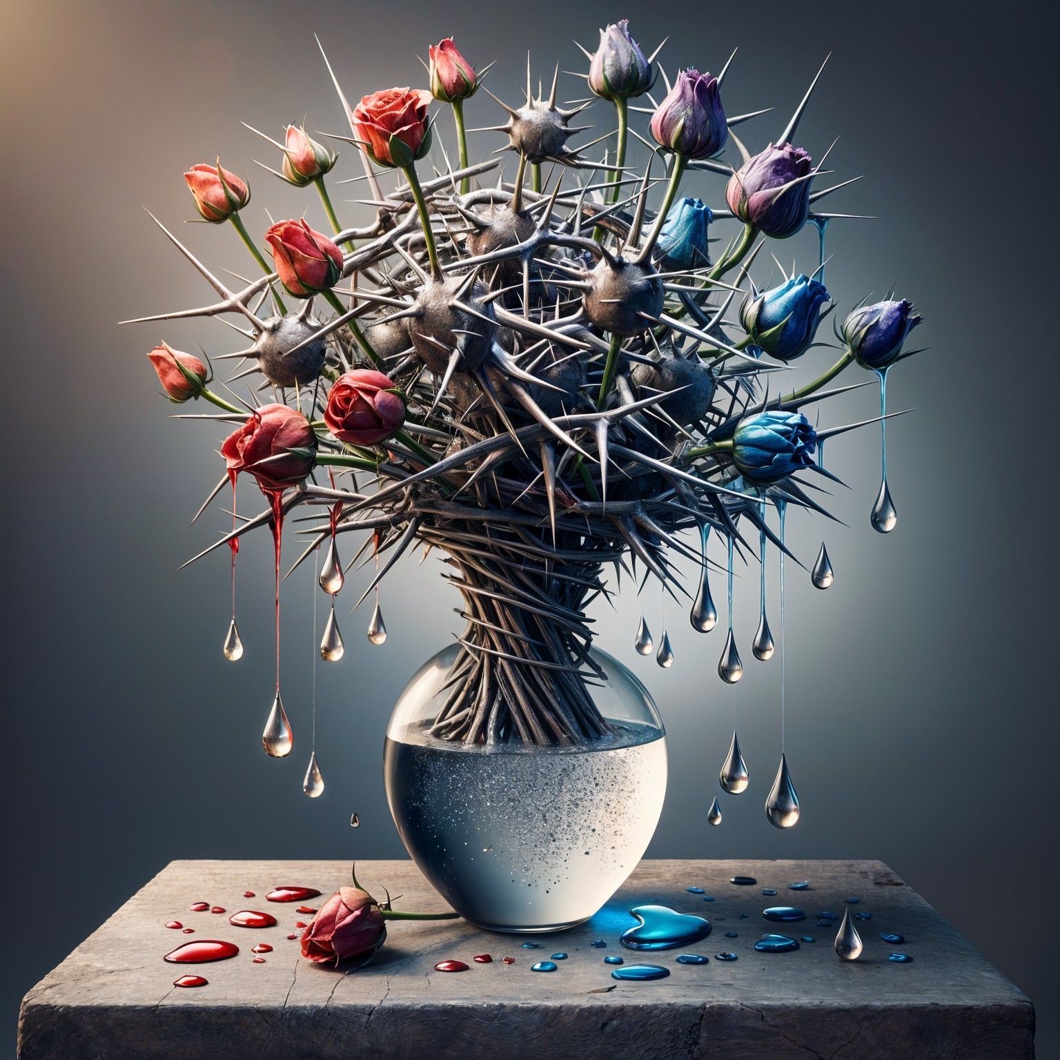 Vibrant Floral Arrangement in Glass Vase with Thorns