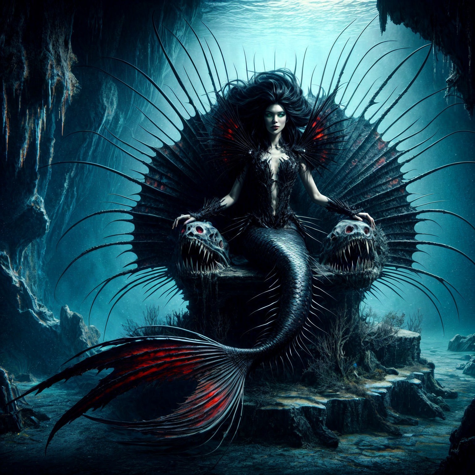 Mythical Mermaid on Throne of Skeletal Fish