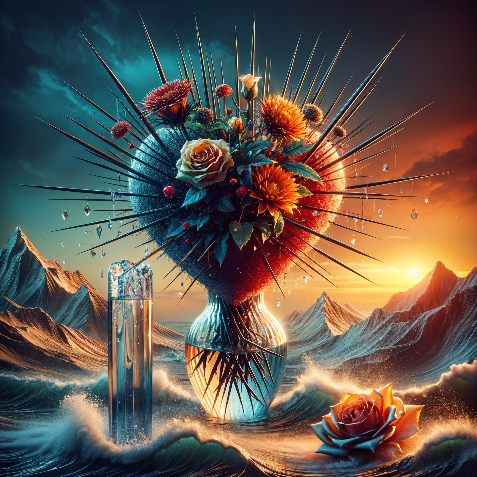 Heart-Shaped Flower Arrangement with Sunset Background