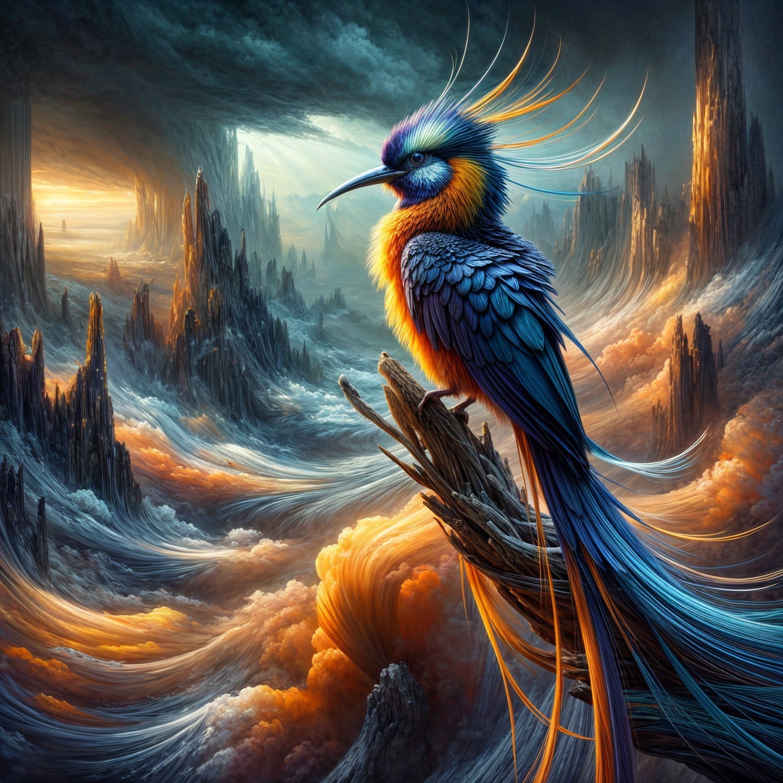 Vibrant Bird in Surreal Landscape with Dramatic Colors