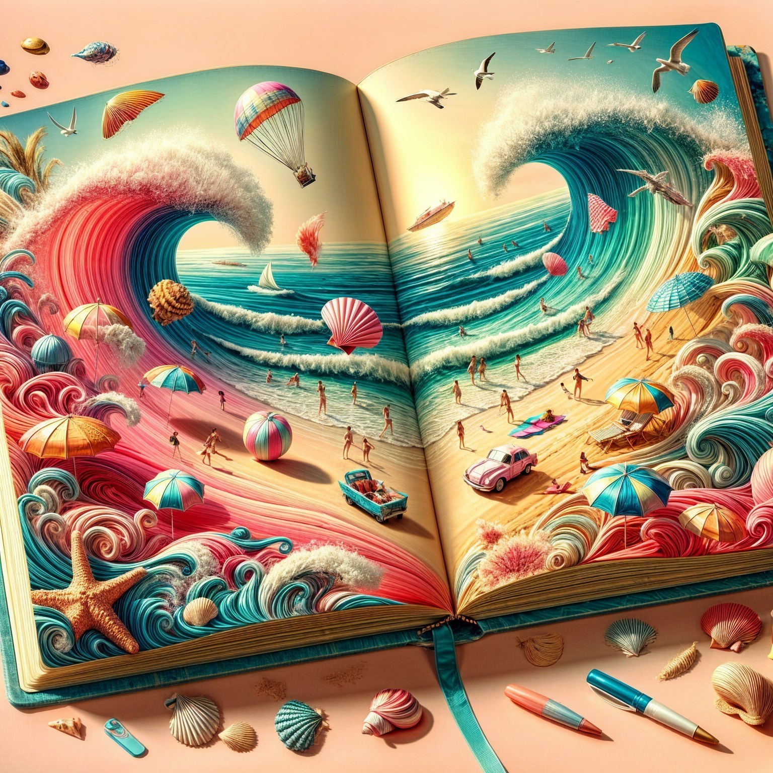 Vibrant Beach Scene Illustrated in Open Book Design