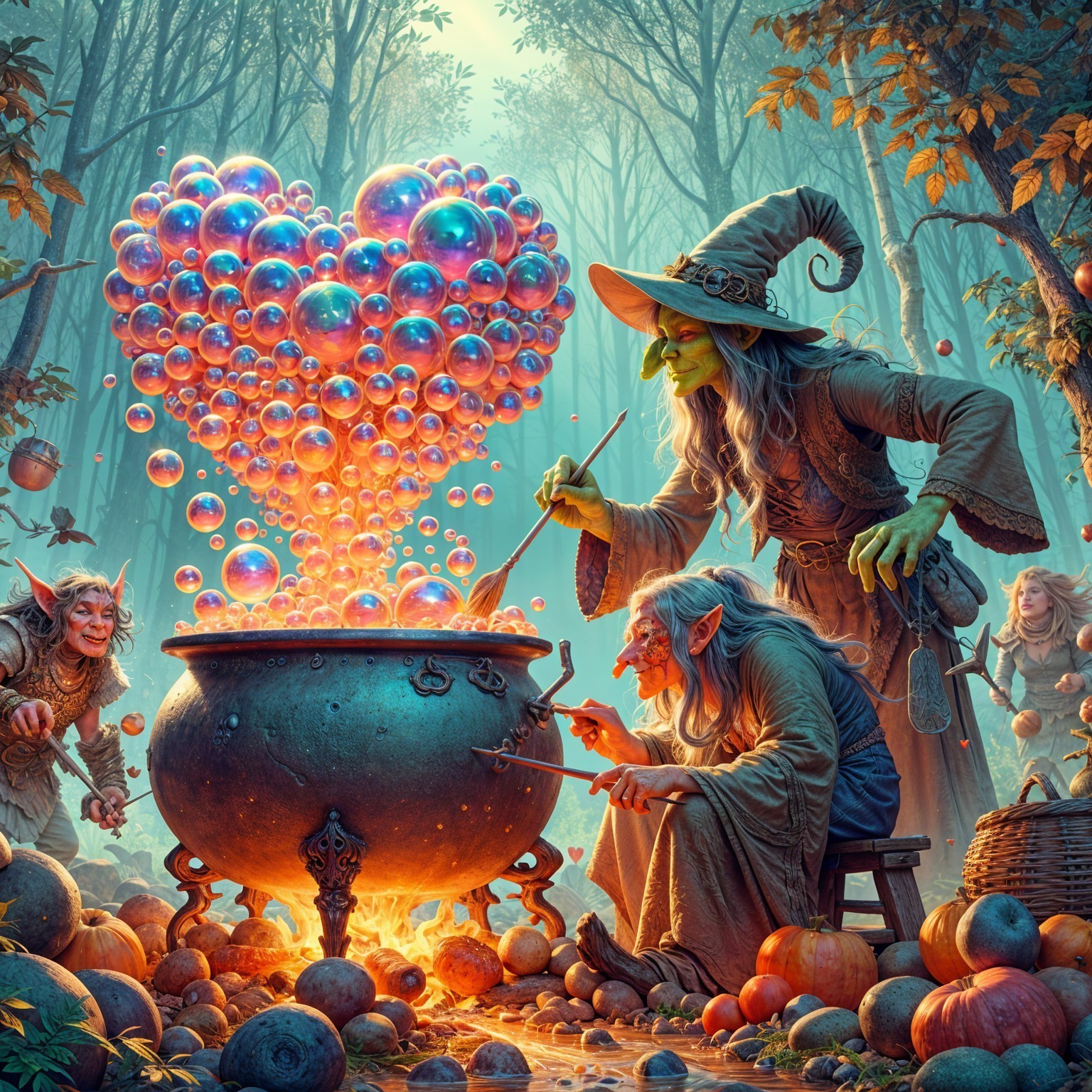 Whimsical Scene of a Witch and Goblins in a Forest