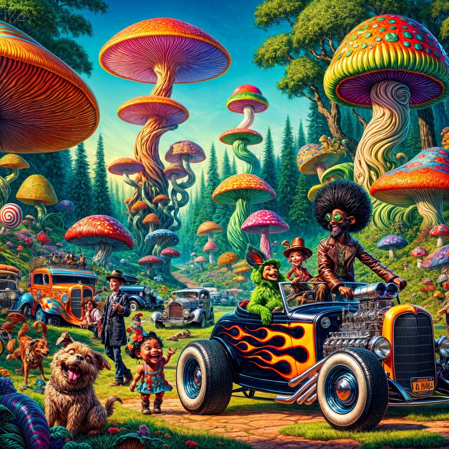 Vibrant Landscape with Oversized Mushrooms and Characters