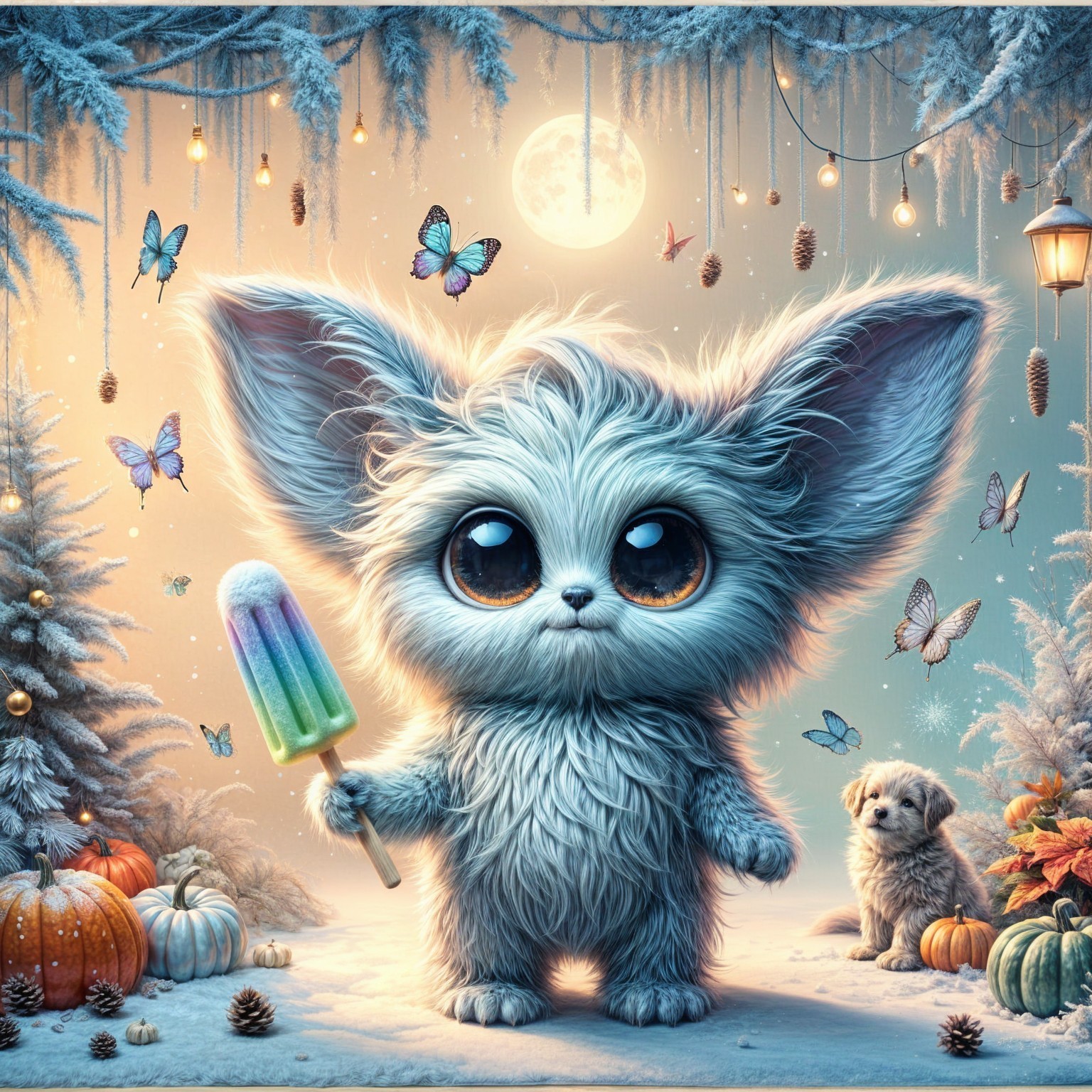 Fluffy Creature in Winter Wonderland with Lanterns