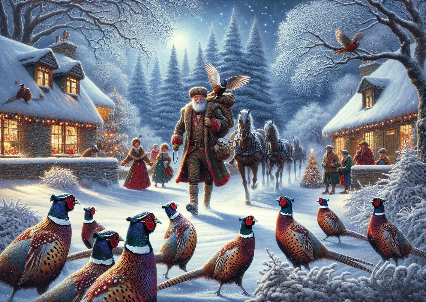 Winter Village Scene with Santa Claus and Pheasants