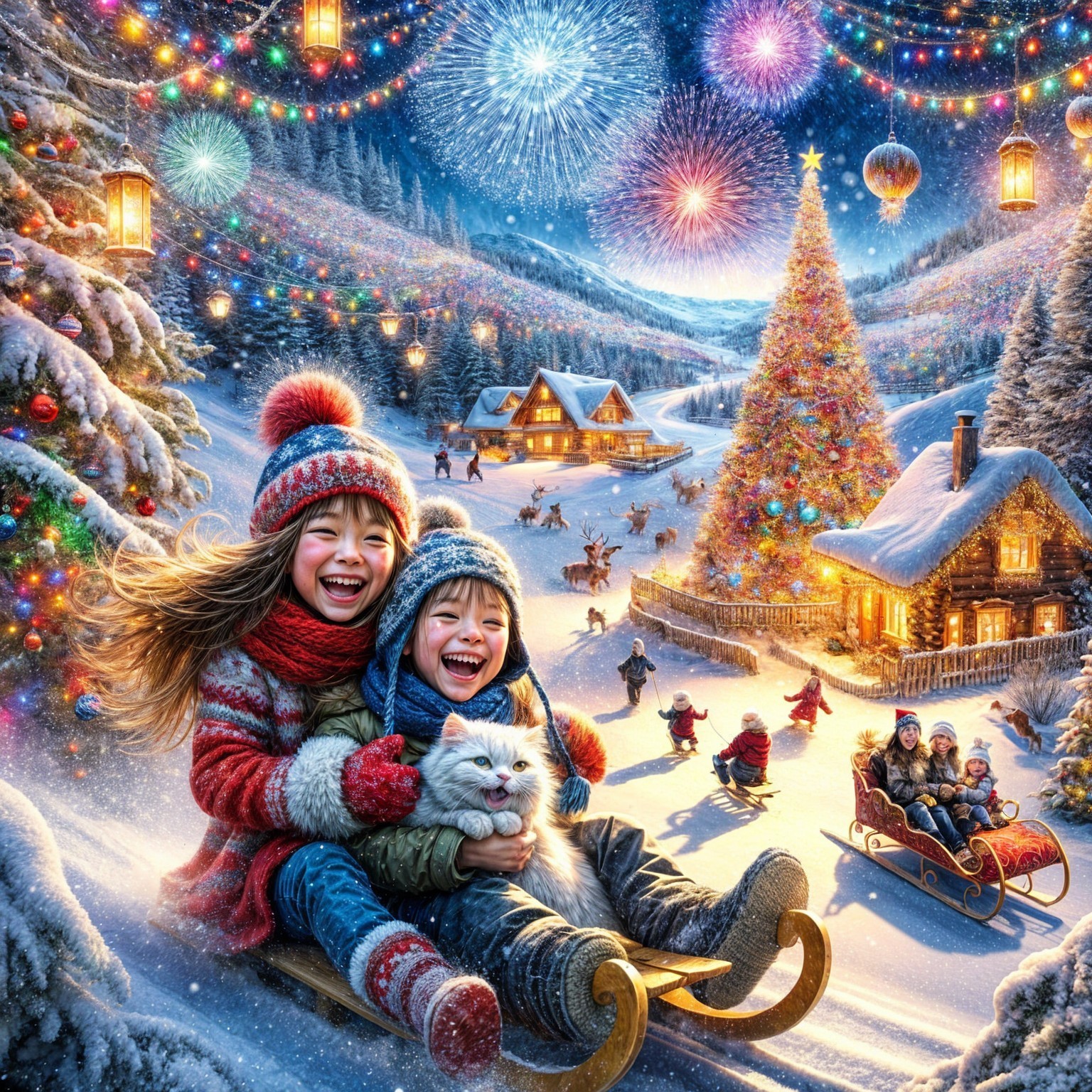 Children Sledding with Cat in a Festive Winter Scene