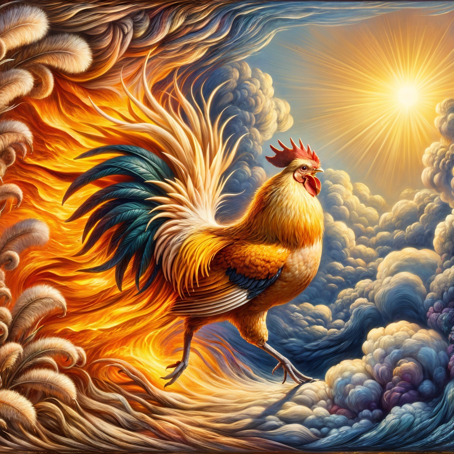 Vibrant Rooster Against Fiery Cloudy Background