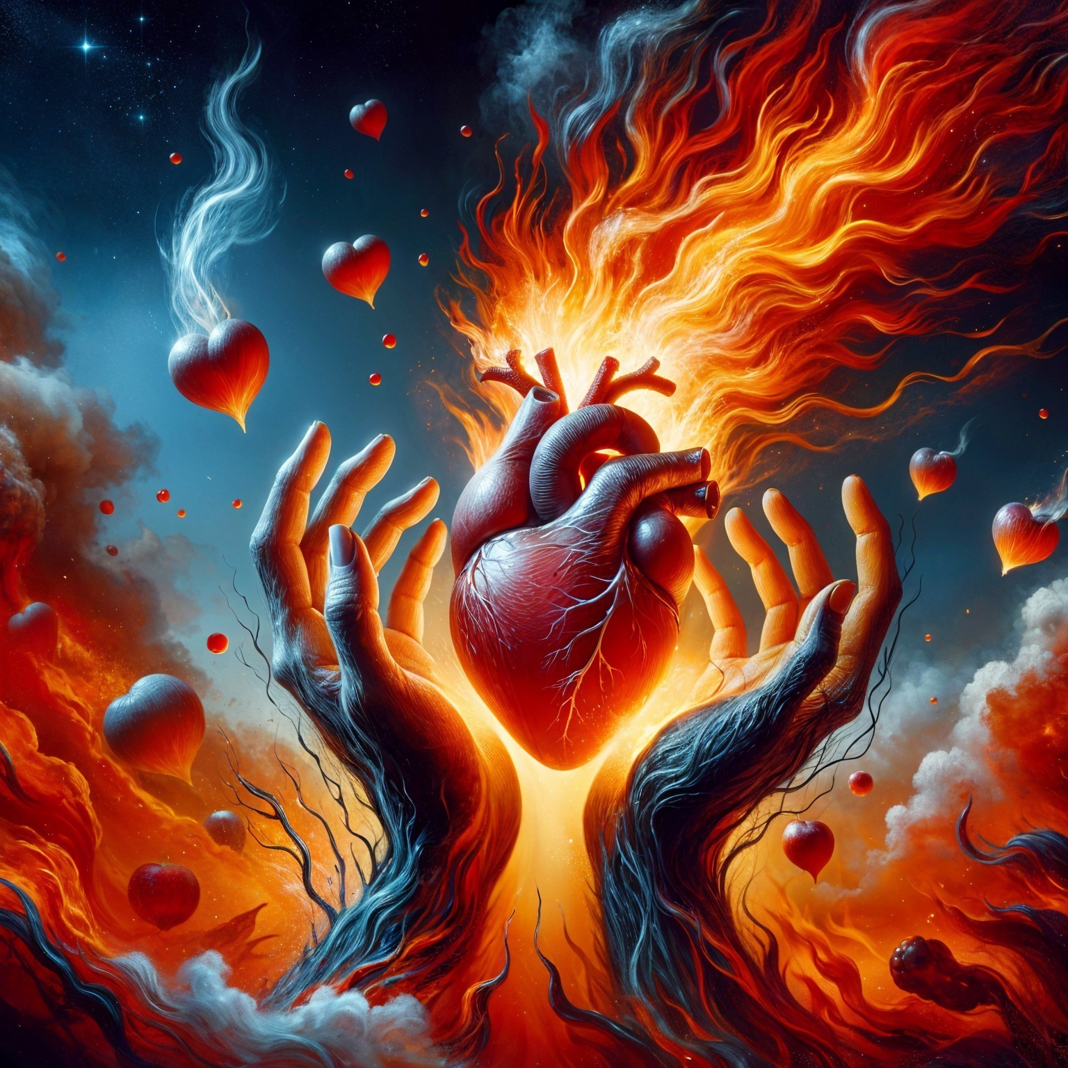 Surreal Art of Fiery Heart Surrounded by Smoke and Light