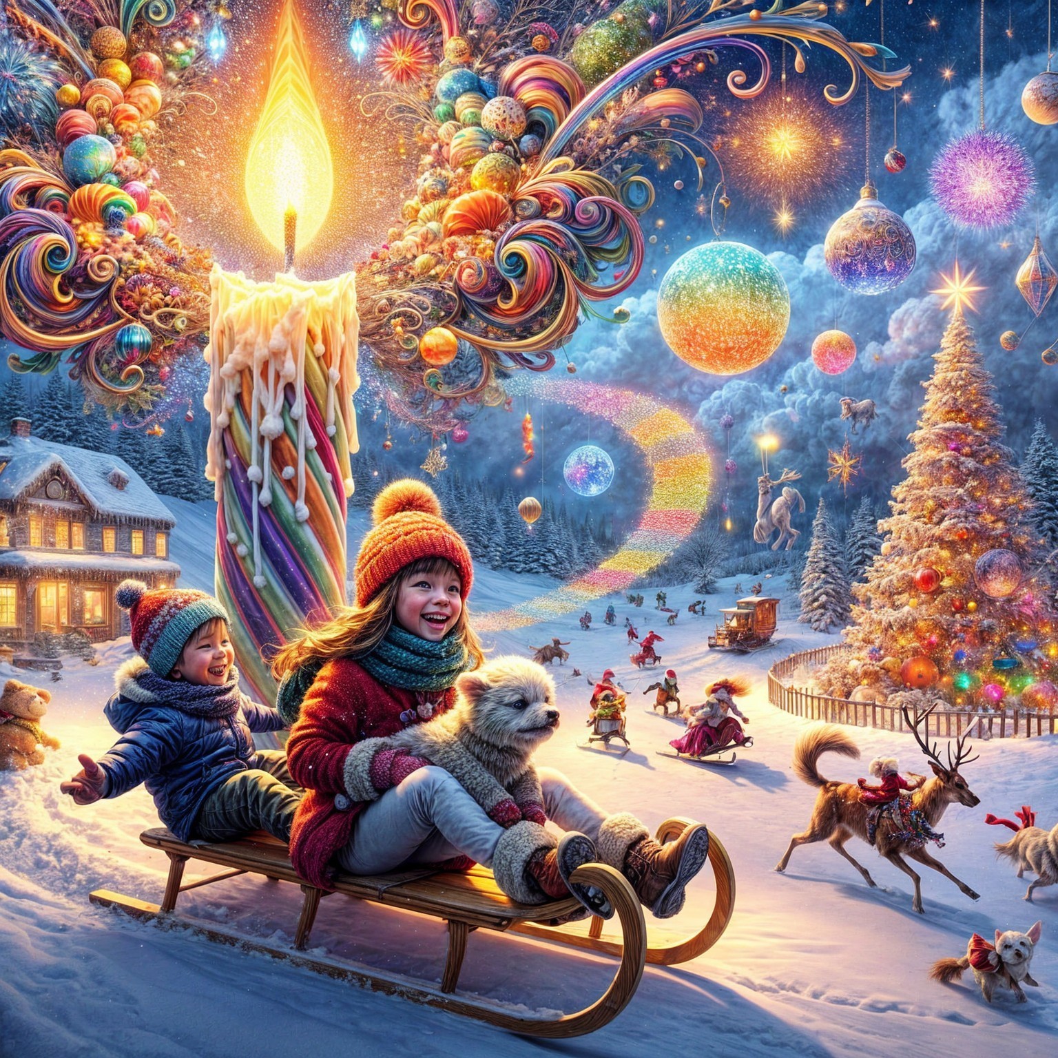 Whimsical Winter Scene with Children and Sledding Cat