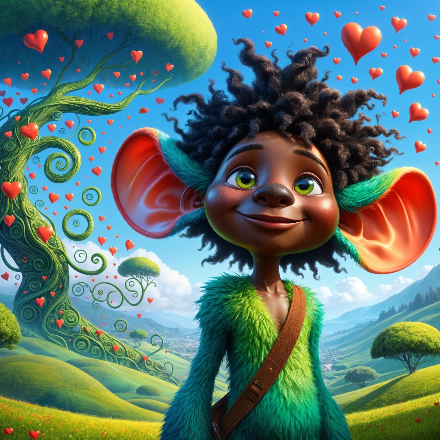 Cheerful creature in vibrant fantasy landscape with hearts