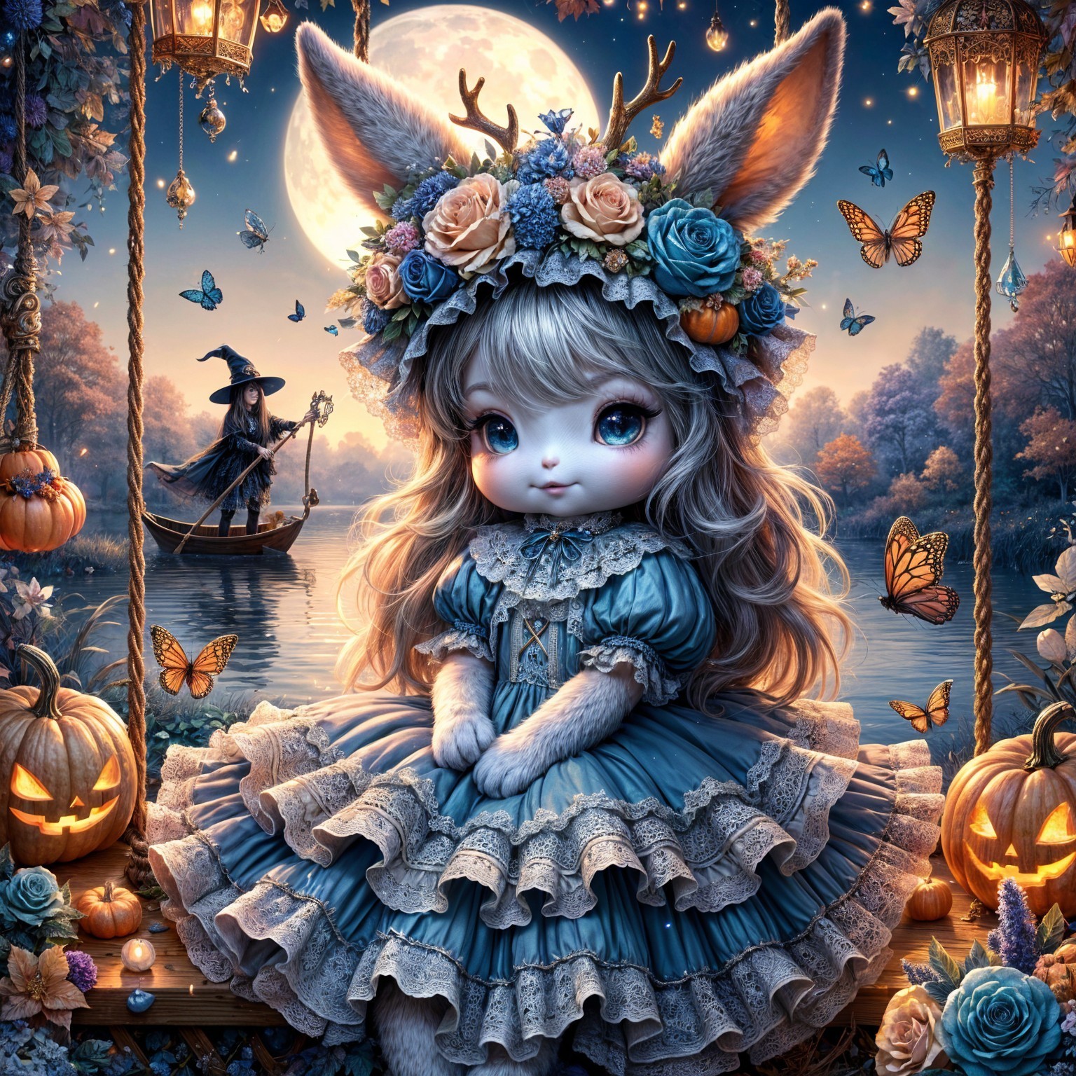 Whimsical Twilight Scene with Doll Figure and Pumpkins