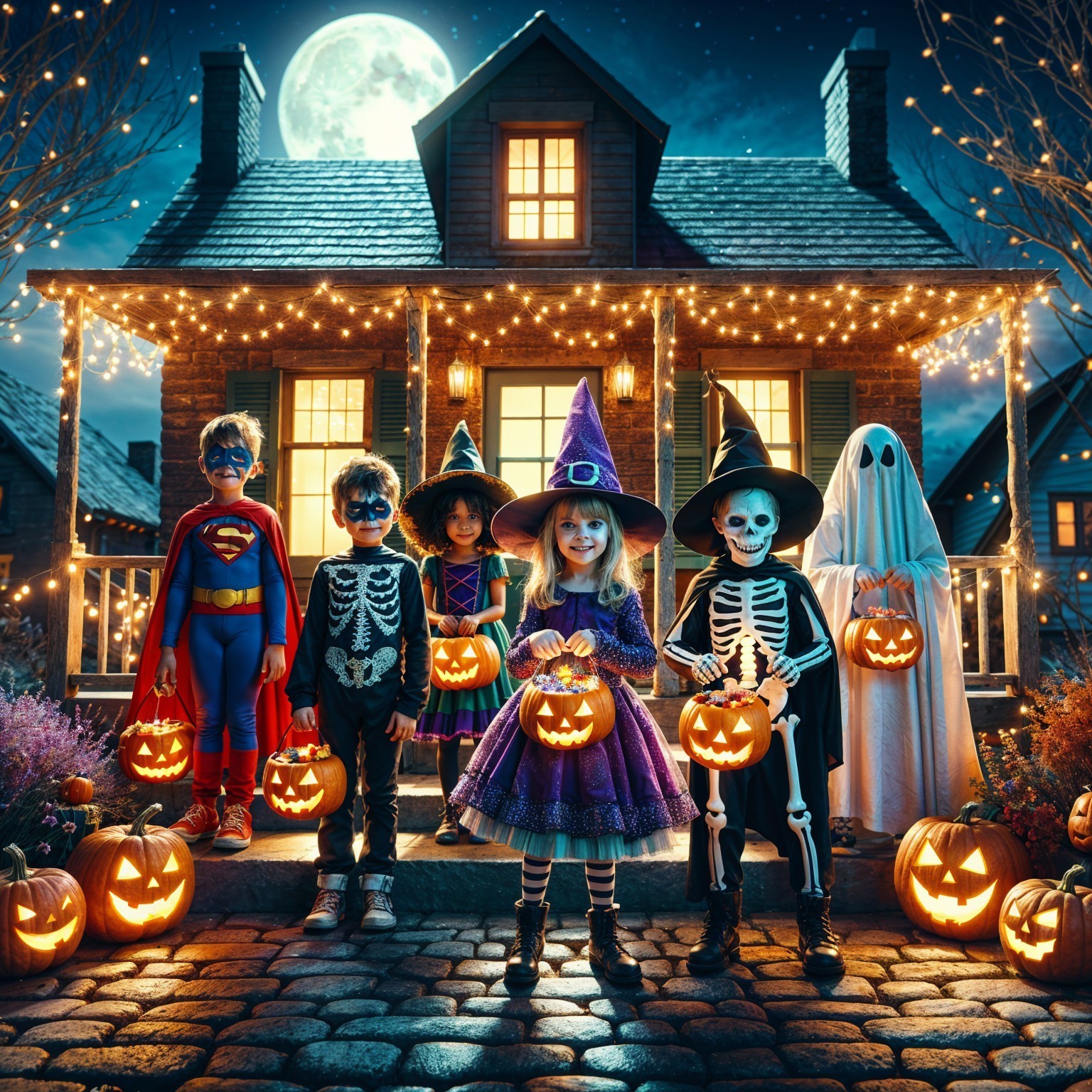 Children in Halloween Costumes on Moonlit Porch