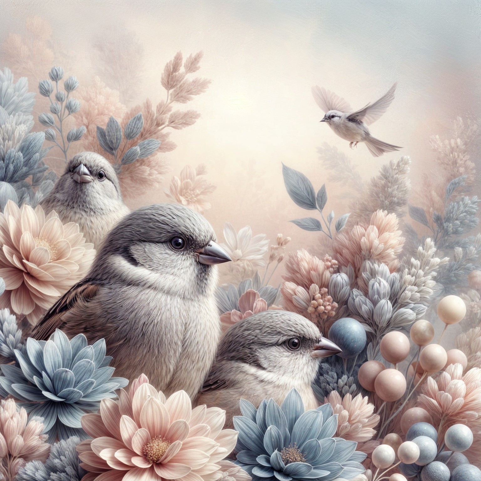 Charming Sparrows Among Pastel Flowers and Foliage