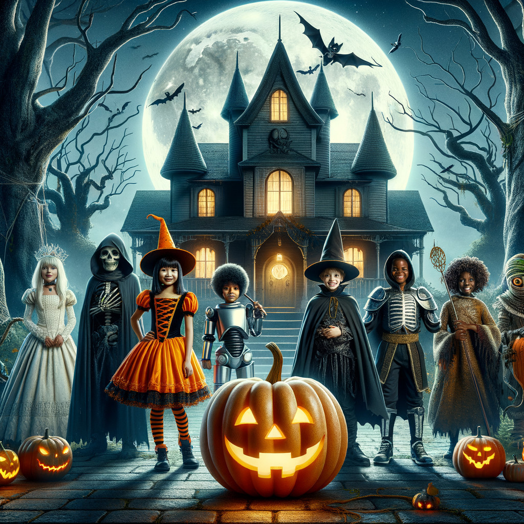 Children in Halloween Costumes by Spooky Mansion