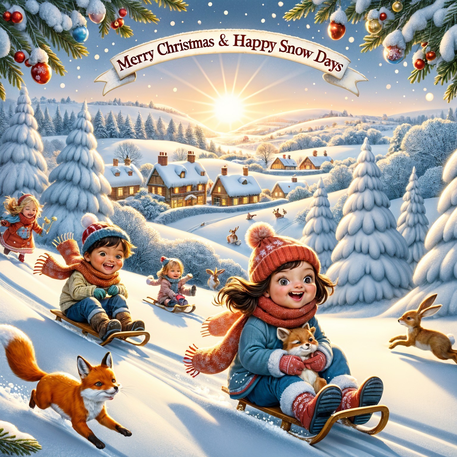 Winter Scene with Children Sledding and Festive Atmosphere