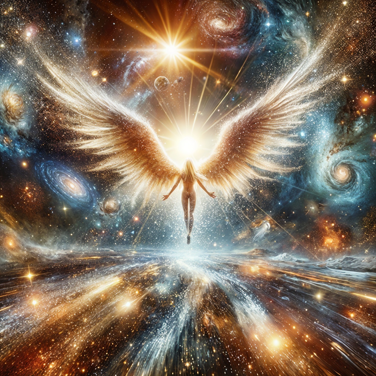 Celestial Angel Soars Through Surreal Realms