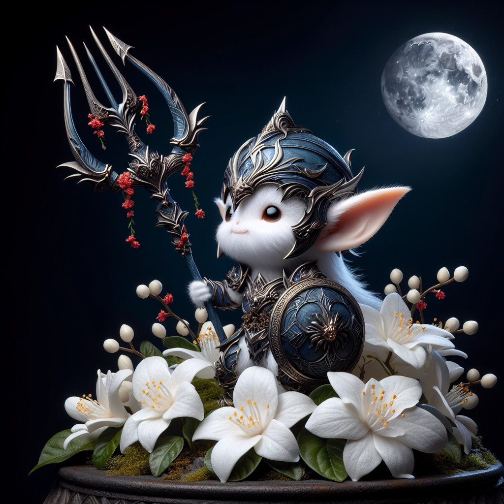 Whimsical creature in floral armor under a full moon