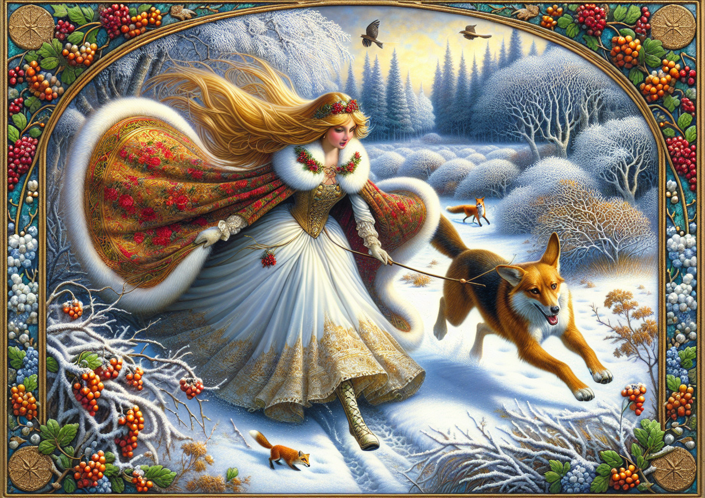 Majestic Woman in Golden Gown in Snowy Landscape