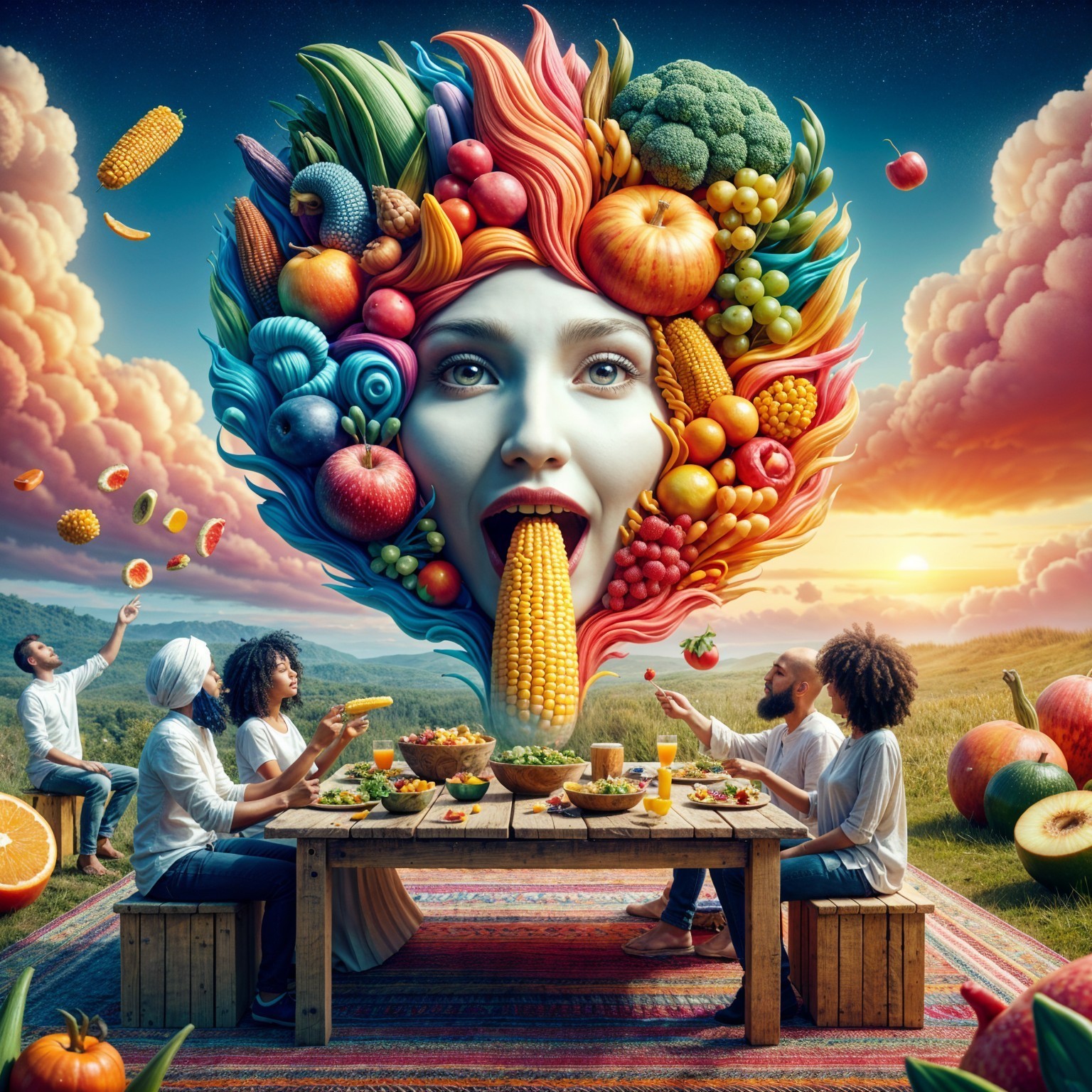 Surreal Landscape with Vibrant Meal and Giant Face