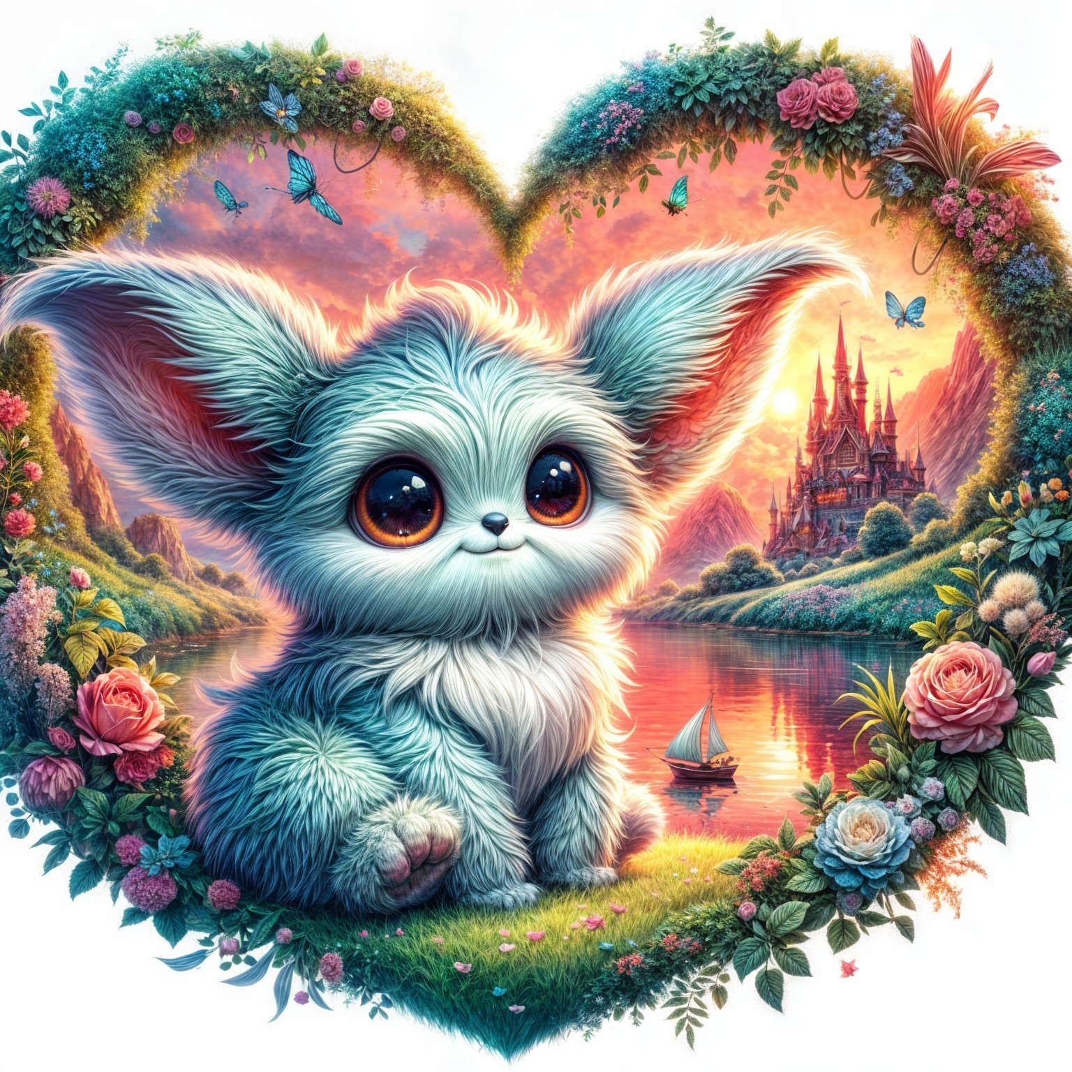 Whimsical Creature in Heart Frame with Scenic Background