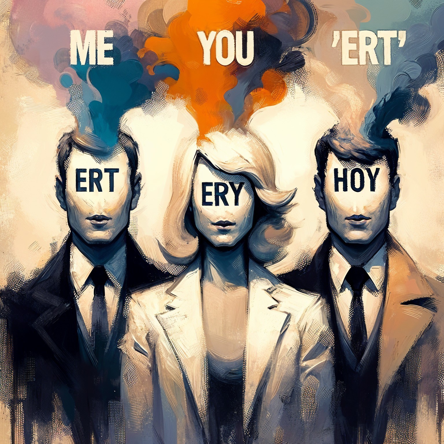 Stylized Figures in Formal Attire with Abstract Elements