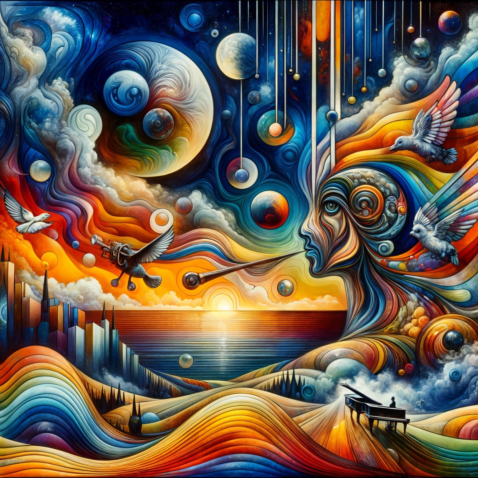 Surreal Landscape Merging Cosmos and Humanity