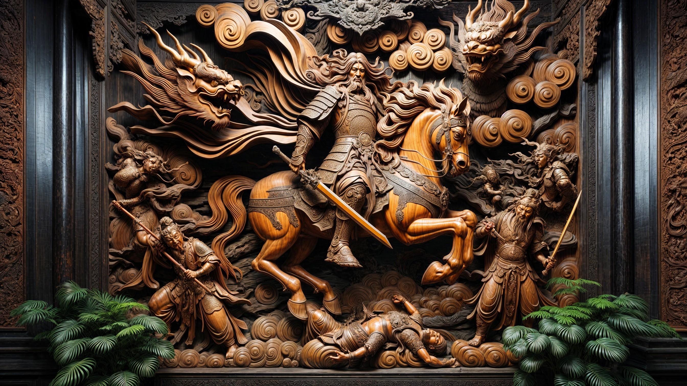 Intricate Wood Carving of Warrior with Dragons and Soldiers