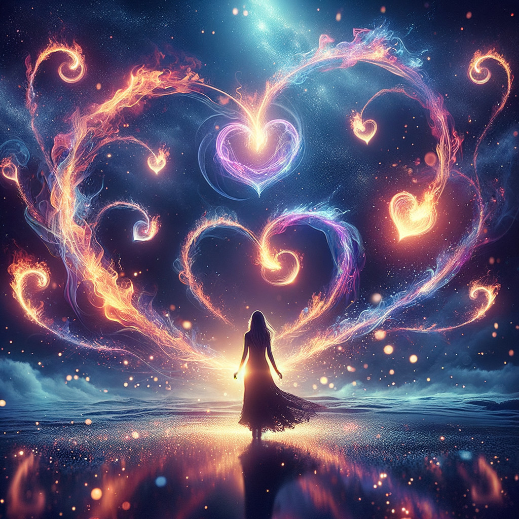 Mystical Woman on Shore with Dancing Hearts at Night