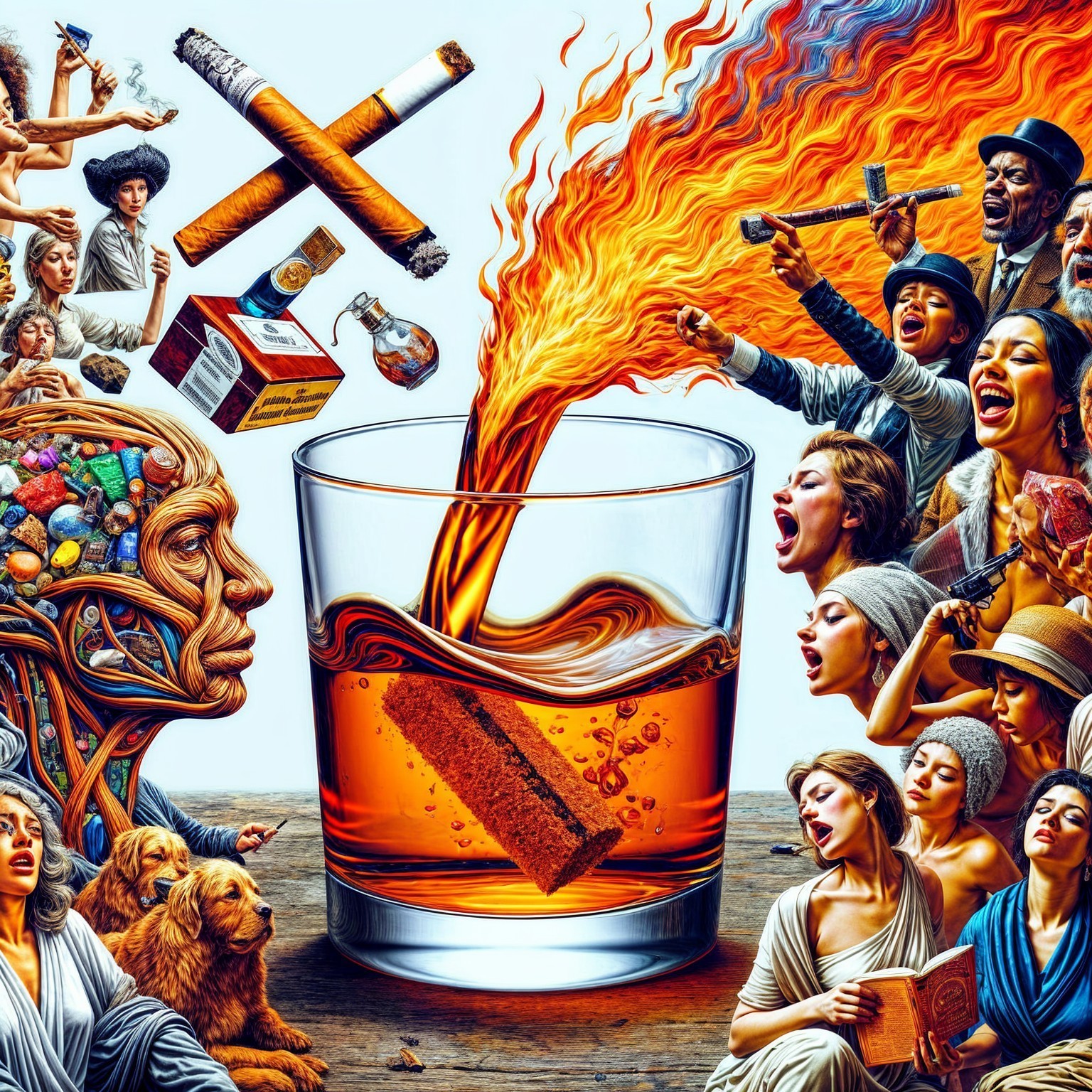 Glass of Amber Liquid with Diverse Emotional Figures